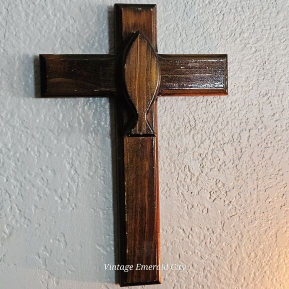 Vtg Hand-Carved 12" Wooden Cross Brown Rustic Decor Easter Jesús Religious Fish - Picture 10 of 11